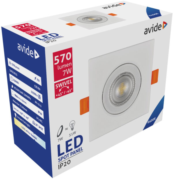 Avide LED panel Beépíthető 38° Négyzetes 7W CW 6400K