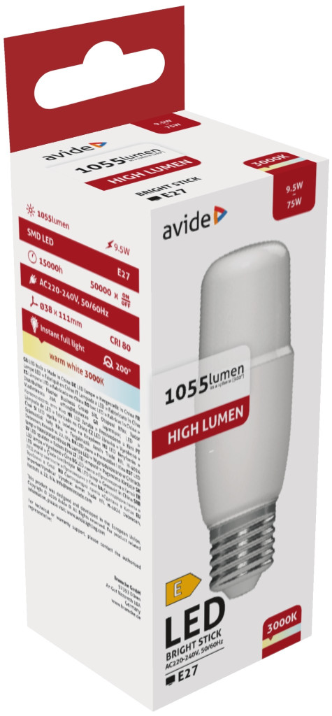Avide LED Bright Stick izzó T37 9.5W E27 WW 3000K
