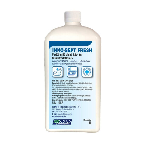Inno-Sept Fresh kéz- és felületfertőtlenítő oldat szögletes flakonban 1L (EU Konform adagolóhoz is)